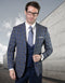 Men's two-button suit with fitted shape, sapphire blue/gray plaid. Includes low-cut sapphire blue vest. Stylish and sophisticated look.

