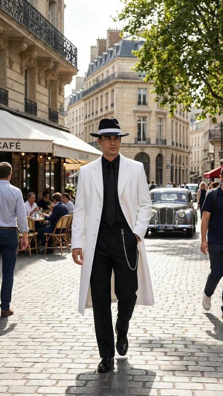 Mens White Long Zoot Style Suit  | Vintage Gangster Mafia Formal Coat with Black Pants