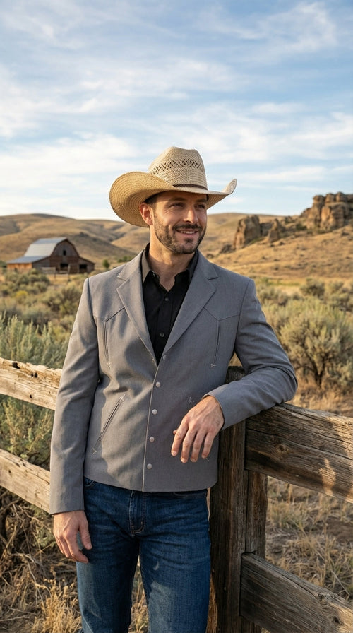 Mens Gray Western Blazer Set – Cowboy Style Jacket and Pants Outfit Classic Country Western Suit