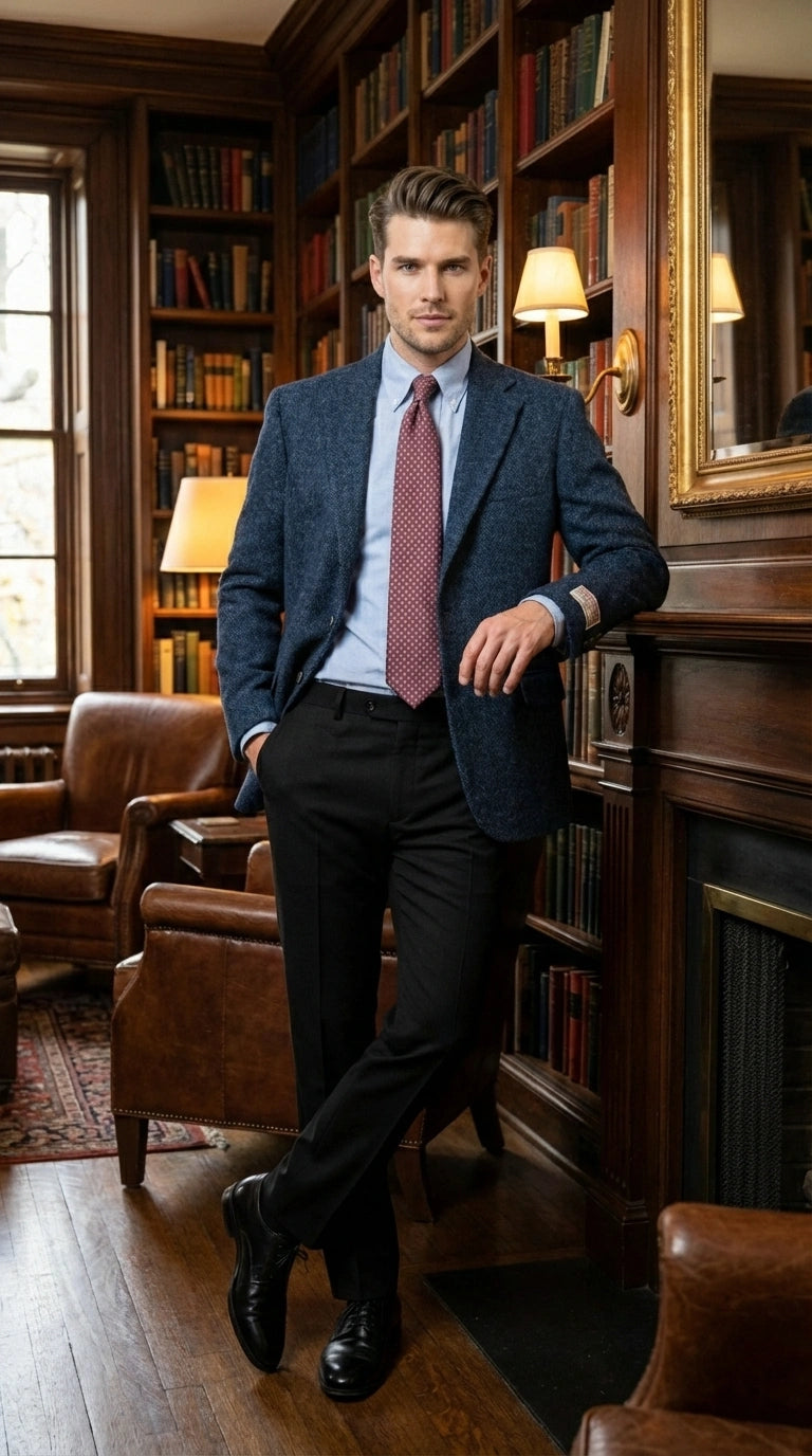 Mens Light Blue Tweed Blazer Sport Coat – Classic Herringbone Jacket Formal Business Casual Smart Outerwear in indigo cobalt blue