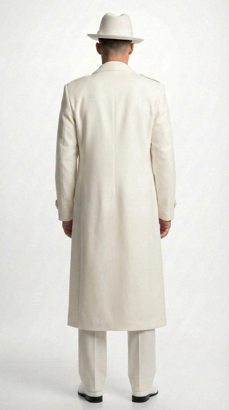 Men’s Ivory Cream Off White  Full Length Zoot Suit – Vintage Gangster Style Long Coat Formal Suit