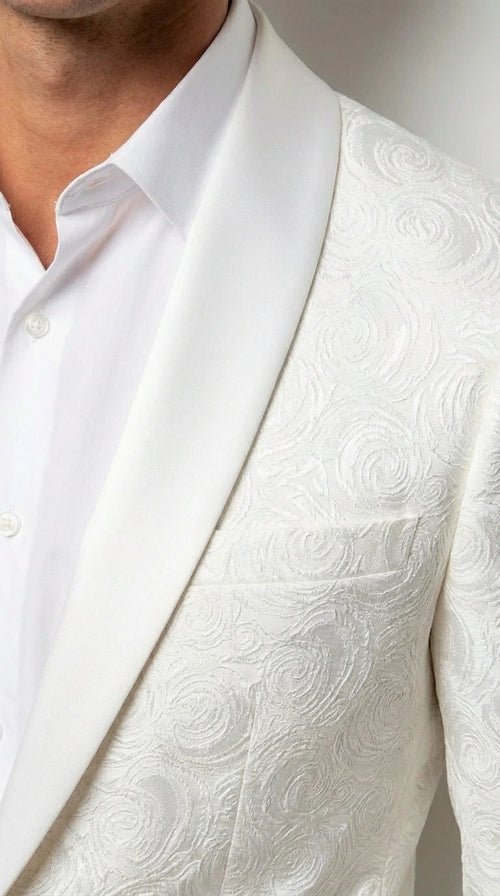 Men’s White Paisley Disco Blazer 1980s Style Jacket – Shawl Lapel Formal Party Blazer, Elegant Masquerade Club Wear, Stylish Evening Outfit