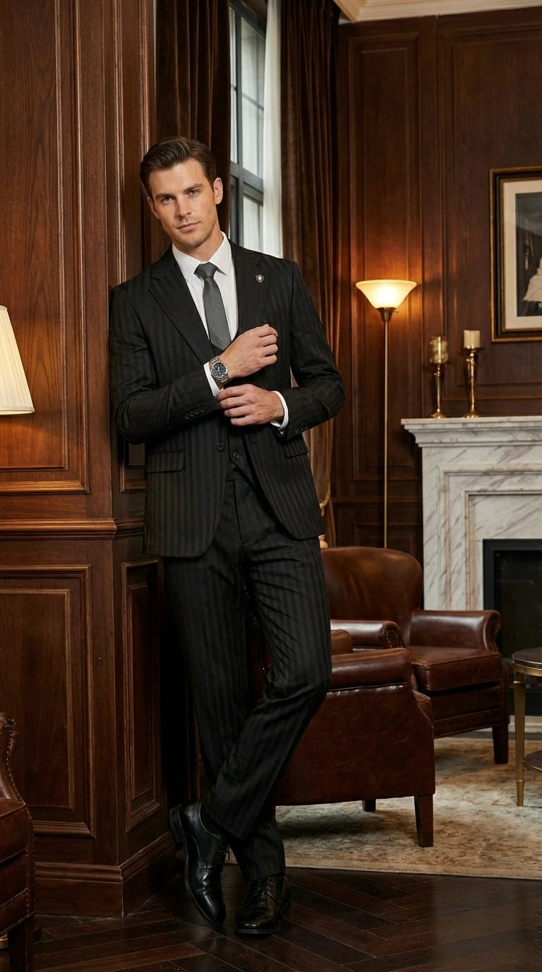 Men’s Black Pinstripe 3 Piece Suit – Vested Formal Business Suit for Wedding, Office, Prom and Party Wear