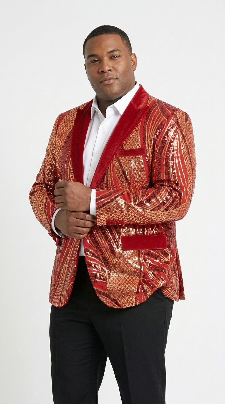 Men’s Red and Gold Sequin Christmas Holiday Blazer – Luxury Party Jacket for New Year, Wedding and Festive Events
