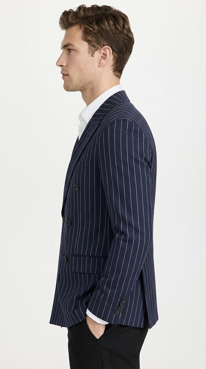 Mens Navy Blue Pinstripe Double Breasted Blazer Sport Coat – Classic Formal Business Jacket for Party and Smart Casual Wear