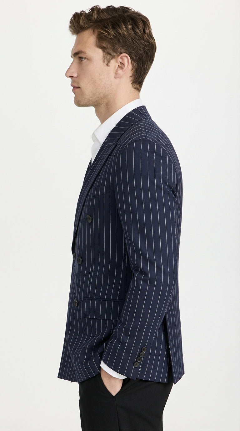 Mens Navy Blue Pinstripe Double Breasted Blazer Sport Coat – Classic Formal Business Jacket for Party and Smart Casual Wear