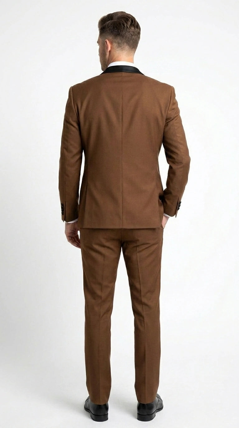 Men’s Light Brown Vested Piece Suit – Elegant Formal Suit with Contrast Lapel for Wedding, Party