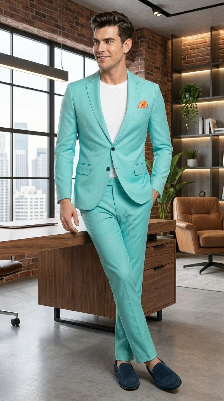 Men’s Turquoise 2 Piece Suit with Jacket and Pants, Formal Wedding Suit for Prom, Parties, Summer Events, and Special Occasions