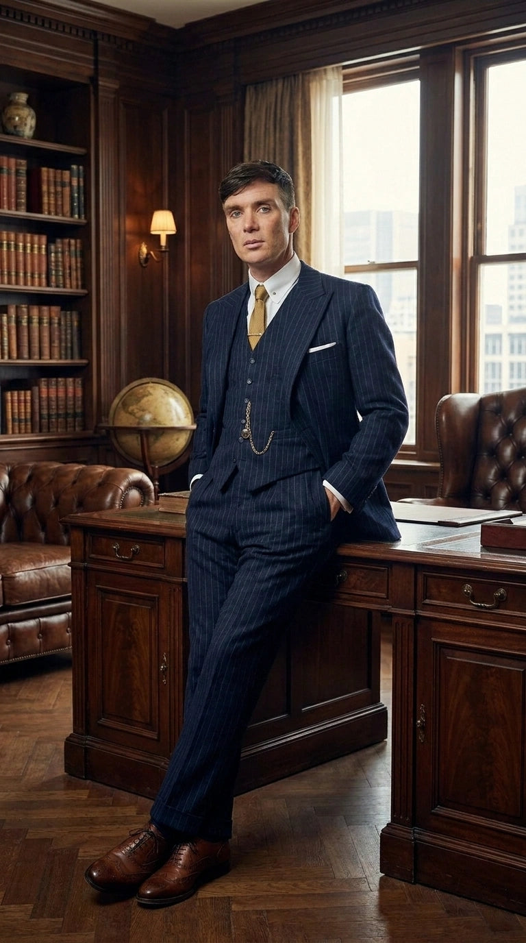 Men’s Navy Blue Pinstripe 3 Piece Suit, Thomas Shelby Inspired Vintage Formal Suit for Weddings, Parties, Prom, and Special Events