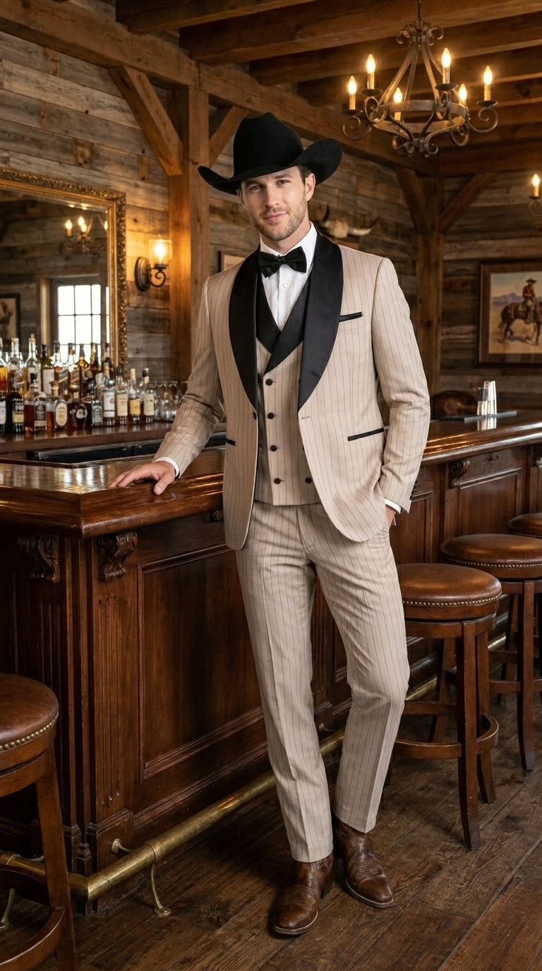 Men’s Beige Pinstripe Western 3 Piece Tuxedo Suit with Black Shawl Lapel, Formal Cowboy Wedding Prom Suit in Tan Khaki Color