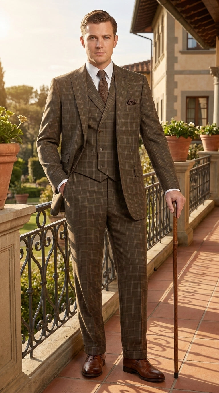 Men’s 1930s Brown Plaid 3 Piece Suit, Vintage Formal Wedding Business Dress Suit Set