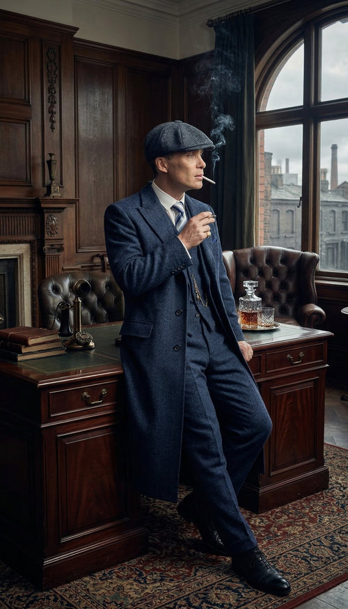 Men’s Navy Blue Herringbone Tweed  1920s 3 Piece Suit with Overcoat – Vintage Peaky Blinder Style Formal Suit Set with Blazer, Waistcoat + Overcoat + Hat