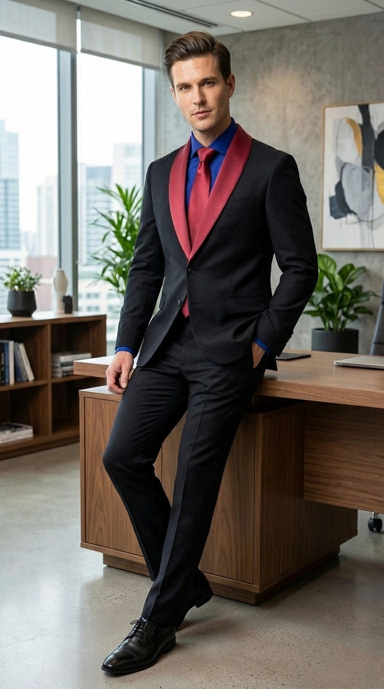 Men’s Black Suit with Burgundy Shawl Lapel –  Formal Tuxedo Suit for Wedding, Prom and Evening Events + Bowtie & Tie
