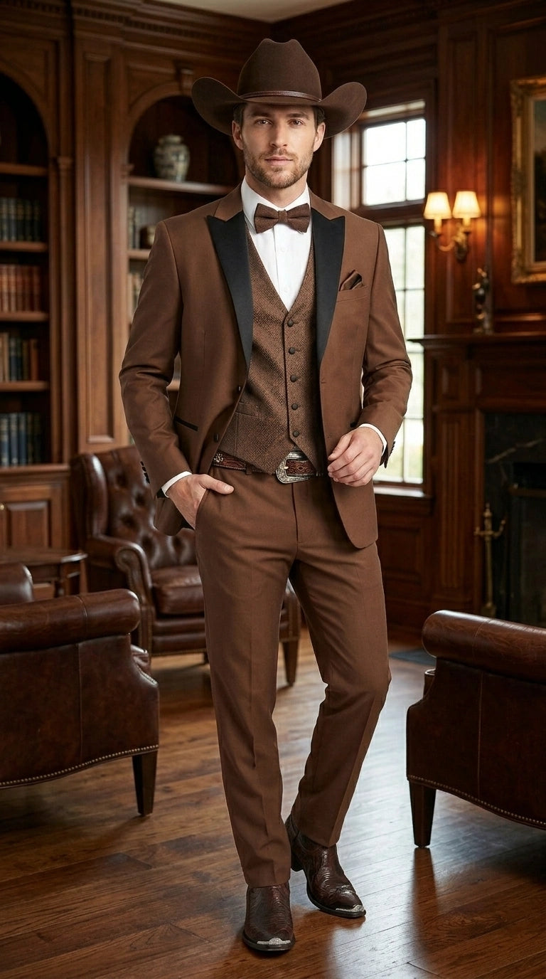 Men’s Light Brown Western Tuxedo 3 Piece Suit with Black Peak Collar Lapel, Country Look Cowboy Suit