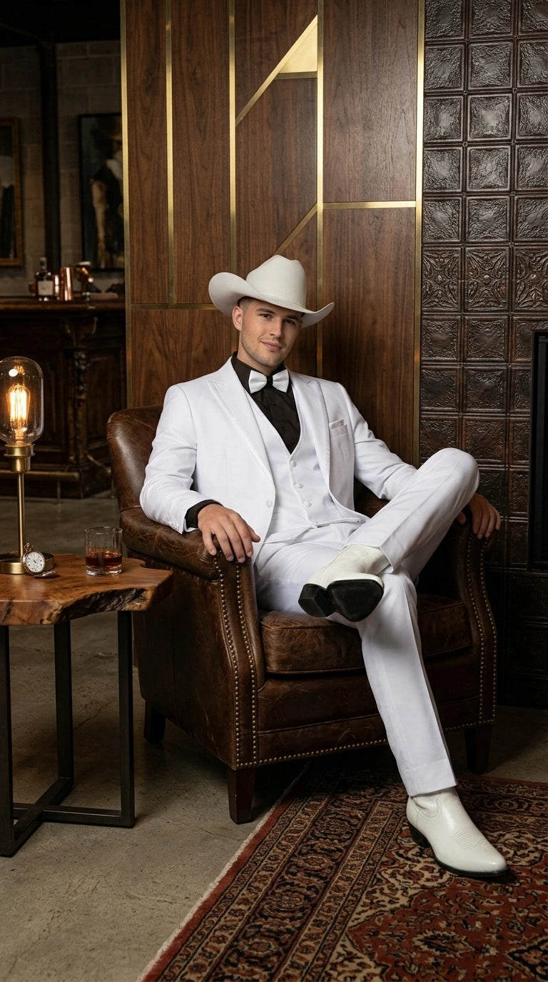 Men’s White Western Cowboy 3 Piece Tuxedo Suit, Formal Wedding Prom Groom Suit Set