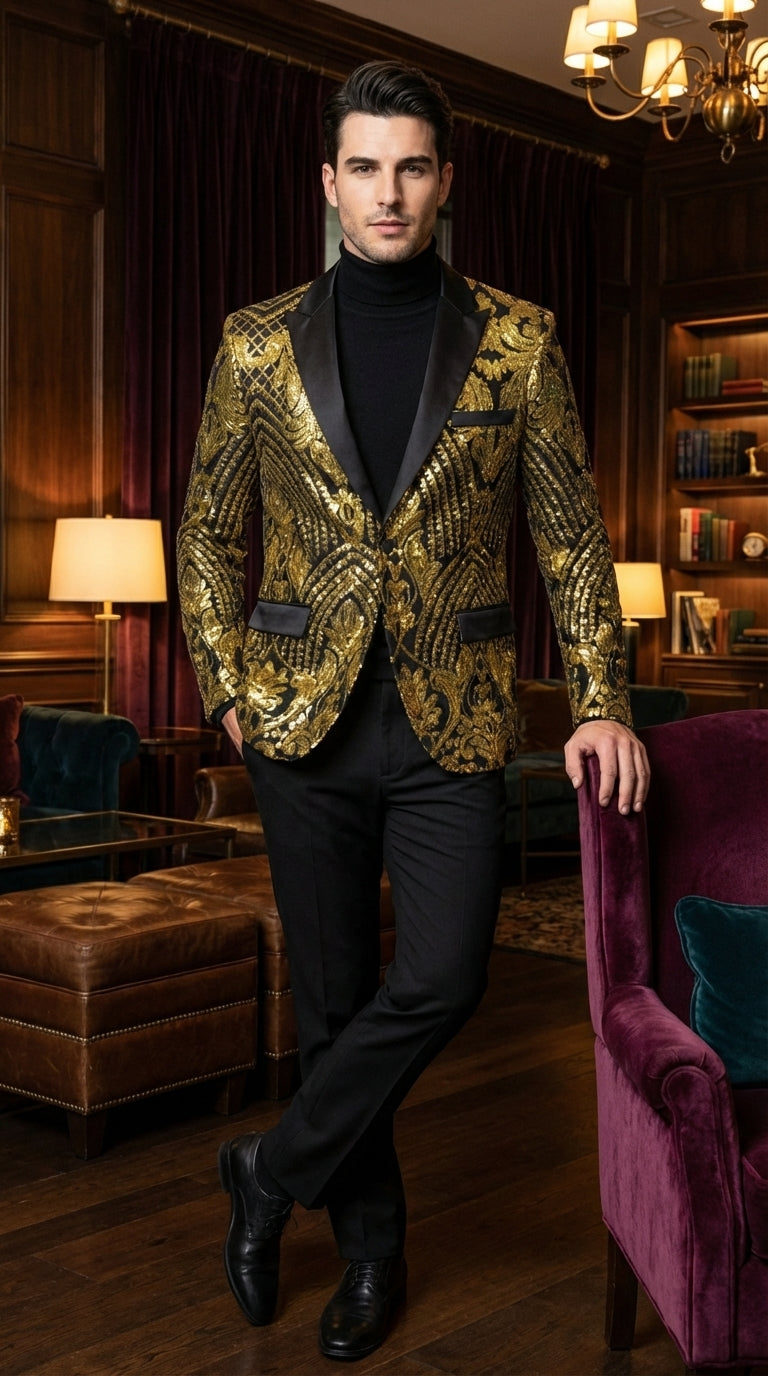 Mens Black and Gold Pattern Blazer – Gold Floral Luxury Formal Blazer Jacket for Prom, Wedding and Party Slim Fitted