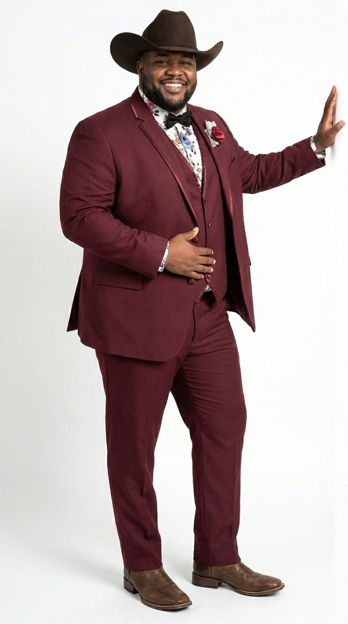 Men’s Burgundy Western Tuxedo Suit, 3 Piece Cowboy Formal Wedding Prom Suit with Satin Trim