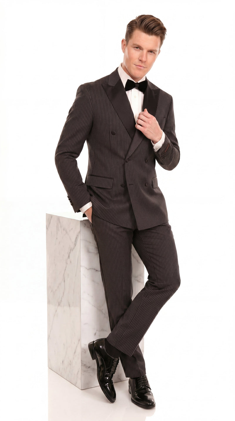 Men’s Double Breasted Suit – Classic Peak Lapel Formal Tuxedo Style Suit for Wedding in Black Ton on Tone Pinstripe