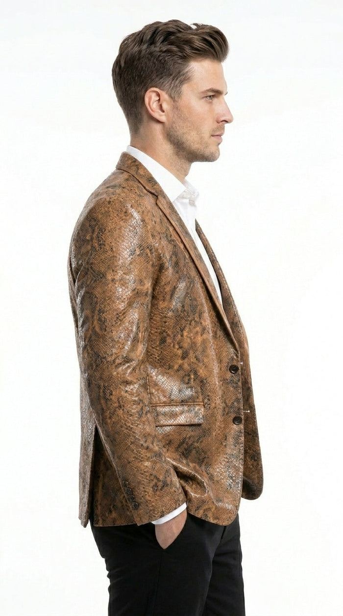 Men’s Brown Snakeskin Pattern Blazer – Stylish Exotic Print Formal Blazer Jacket for Party, Exotic Crocodile Alligator Print