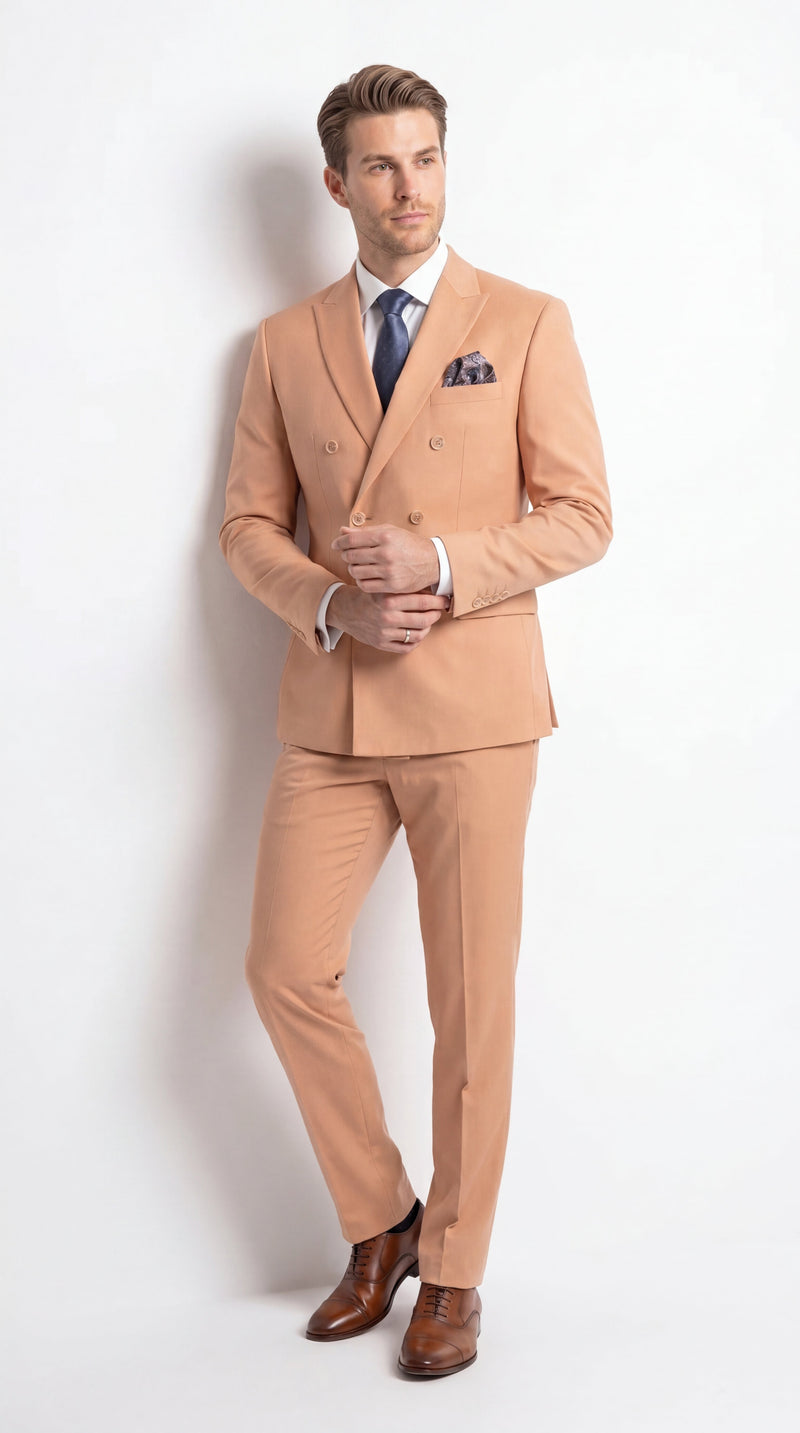Men’s Peach Double Breasted Suit – Wedding & Prom Formal Suit Set, Classic Blazer and Pants Slim Fitted