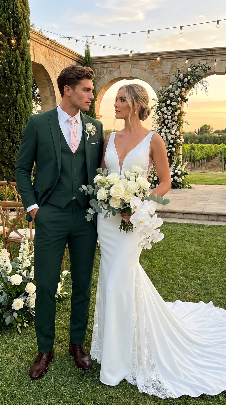 Men’s Forest Green 3 Piece Wedding Suit, Formal Groom Groomsmen Dress Suit Set