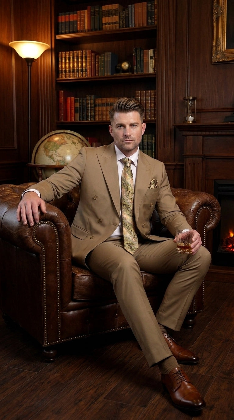 Men’s Statement Brand Caramel Khaki Double Breasted Wool Suit, Designer Formal Business Suit Set Wool Suit in Camel Color