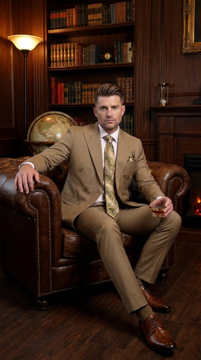 Men’s Statement Brand Caramel Khaki Double Breasted Wool Suit, Designer Formal Business Suit Set Wool Suit in Camel Color
