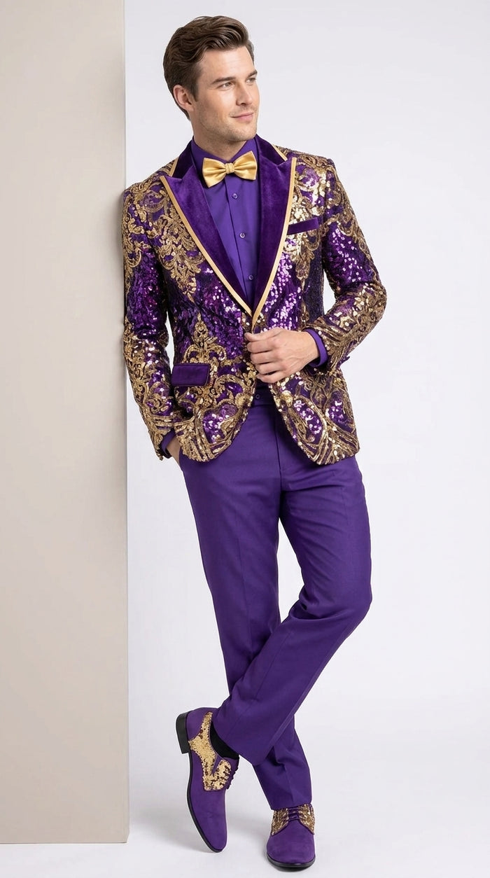 Men’s Purple and Gold Sequin Suit with Pants – Luxury Prom, Wedding and Party Blazer