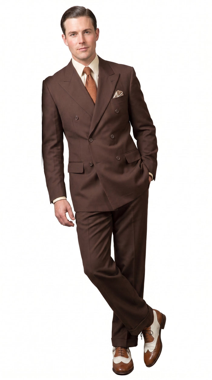 Men’s Brown Vintage Double Breasted Suit, Classic 1940s Style Formal Wedding Business Suit Set