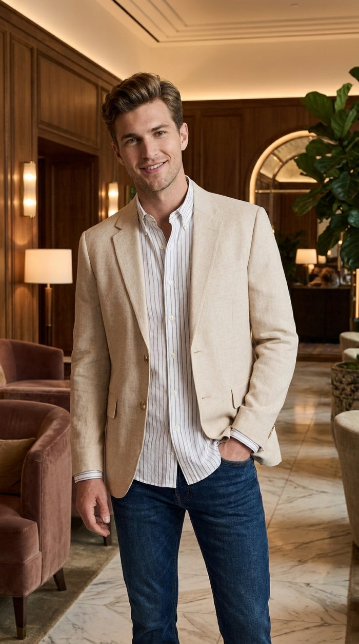 Men’s Light Tan Sport Coat – Classic Two-Button Casual Blazer for Business, Weddings & Smart Casual Wear Modern Fit Linen Fabric