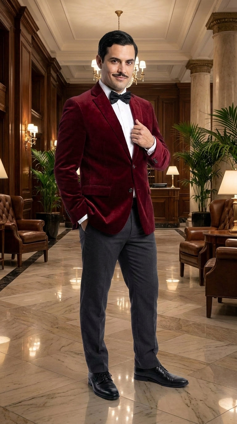 Men’s Gomez Addams Inspired Costume, Burgundy Velvet Blazer with Black Pants Formal Party Outfit Combo