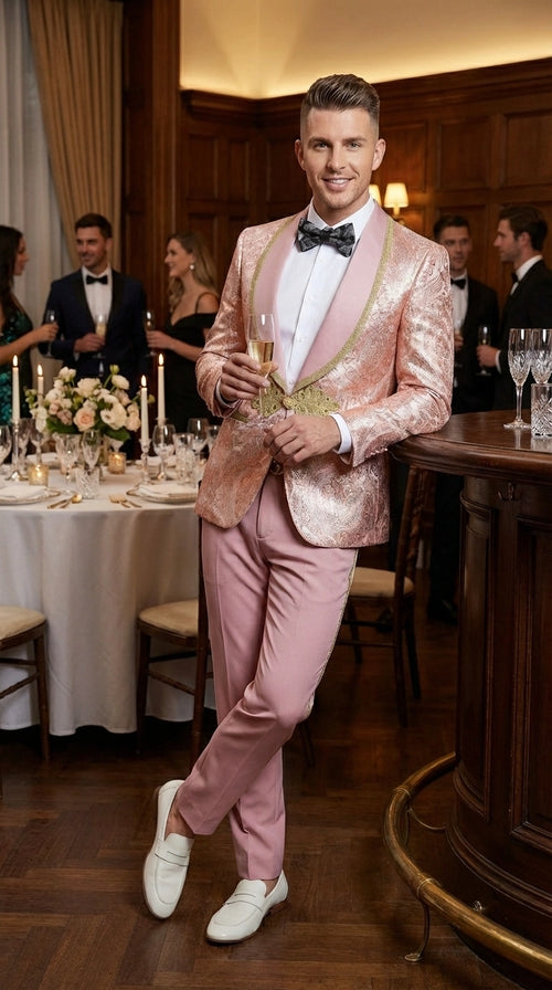 Men’s Rose Gold Pink Prom Tuxedo Suit – Slim Fit Paisley Pattern Formal Tuxedo Suit for Prom, Wedding and Special Events