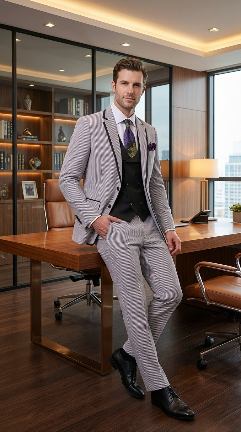 Mens Black and White Pinstripe Wedding Tuxedo Suit – Three Piece Formal Suit Set with Contrast Trim for Groom, Prom - Seersucker Summer Suit