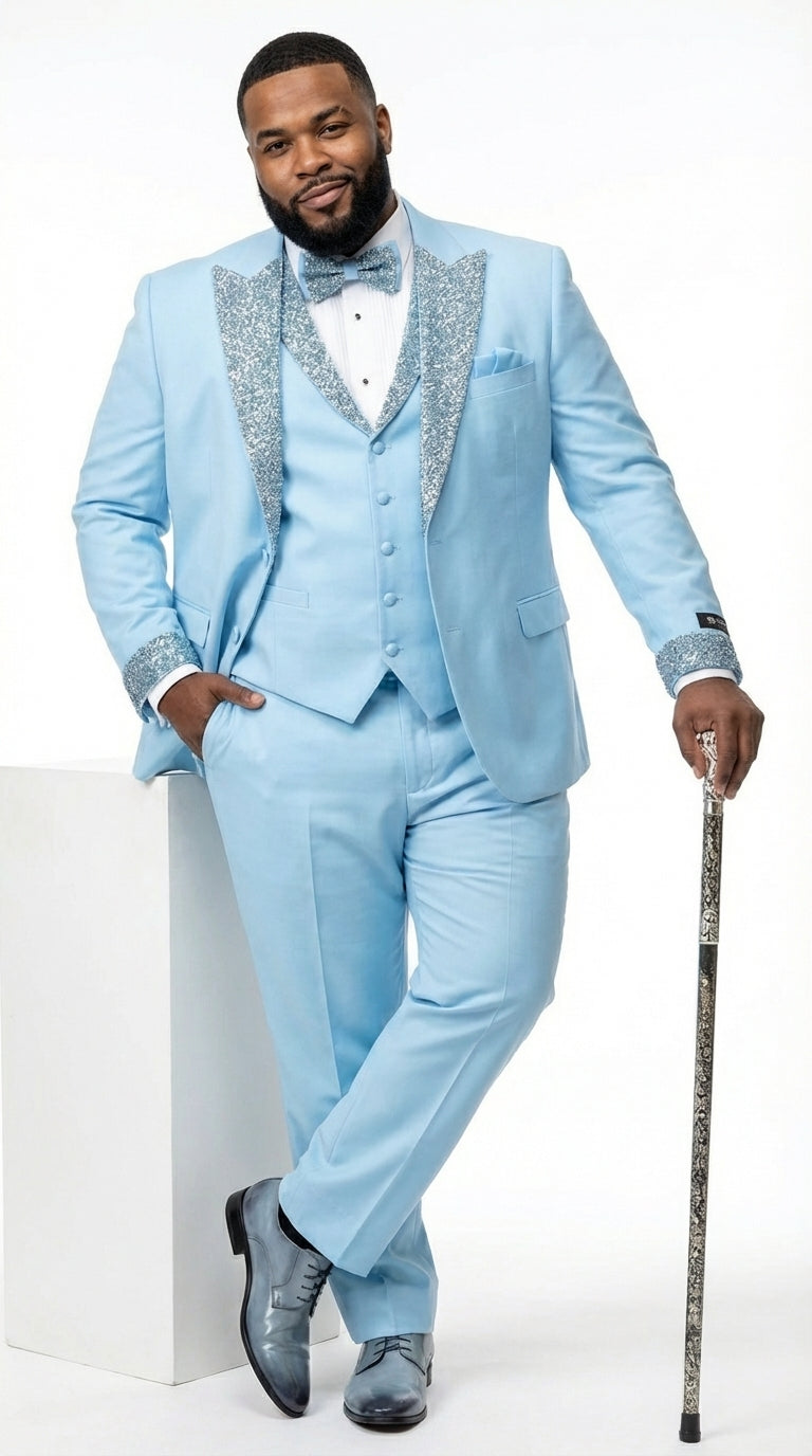 Mens Light Blue 3 Piece Prom Tuxedo – Sky Blue Formal Suit with Sequin Lapel Wedding Party Tuxedo Set in Baby Blue