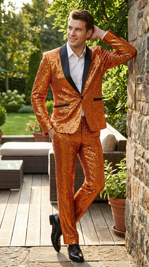 Mens Orange Sequin Tuxedo Suit – Shiny Wedding Suit Set with Black Lapel  for Prom, Party, Gala and Formal Evening Wear - Goldish Orange