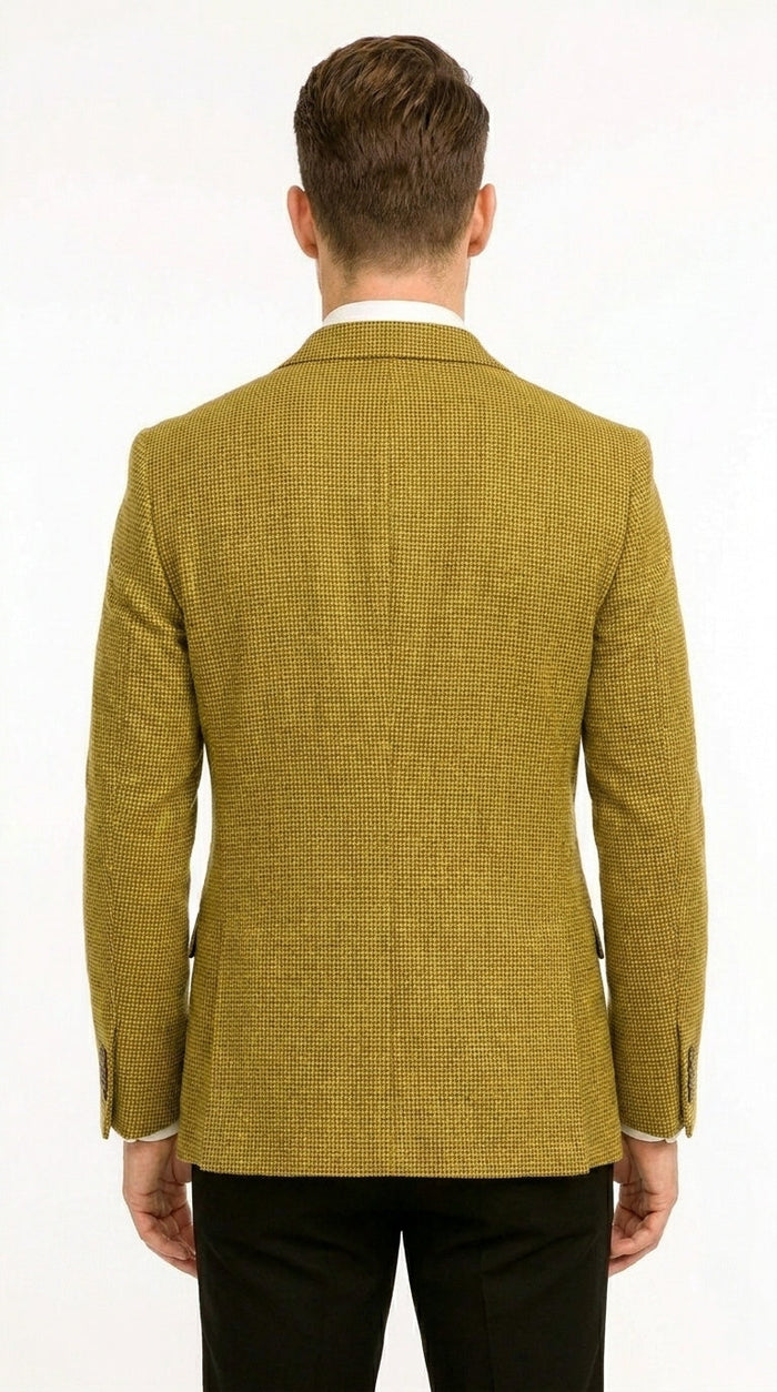 Men’s Mustard Gold Yellow Houndstooth Blazer Jacket, Check Pattern Formal Sport Coat for Weddings, Prom, Business 2 Buttons Modern Fit