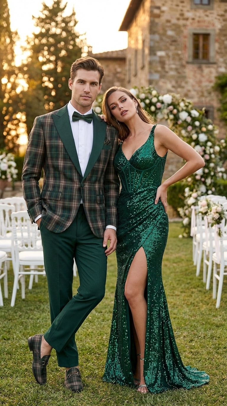 Mens Tartan Green and Brown Blue Plaid Tuxedo Dinner Jacket Set – Checkered Prom Blazer with Dark Green Pants Formal Wedding Party Wear