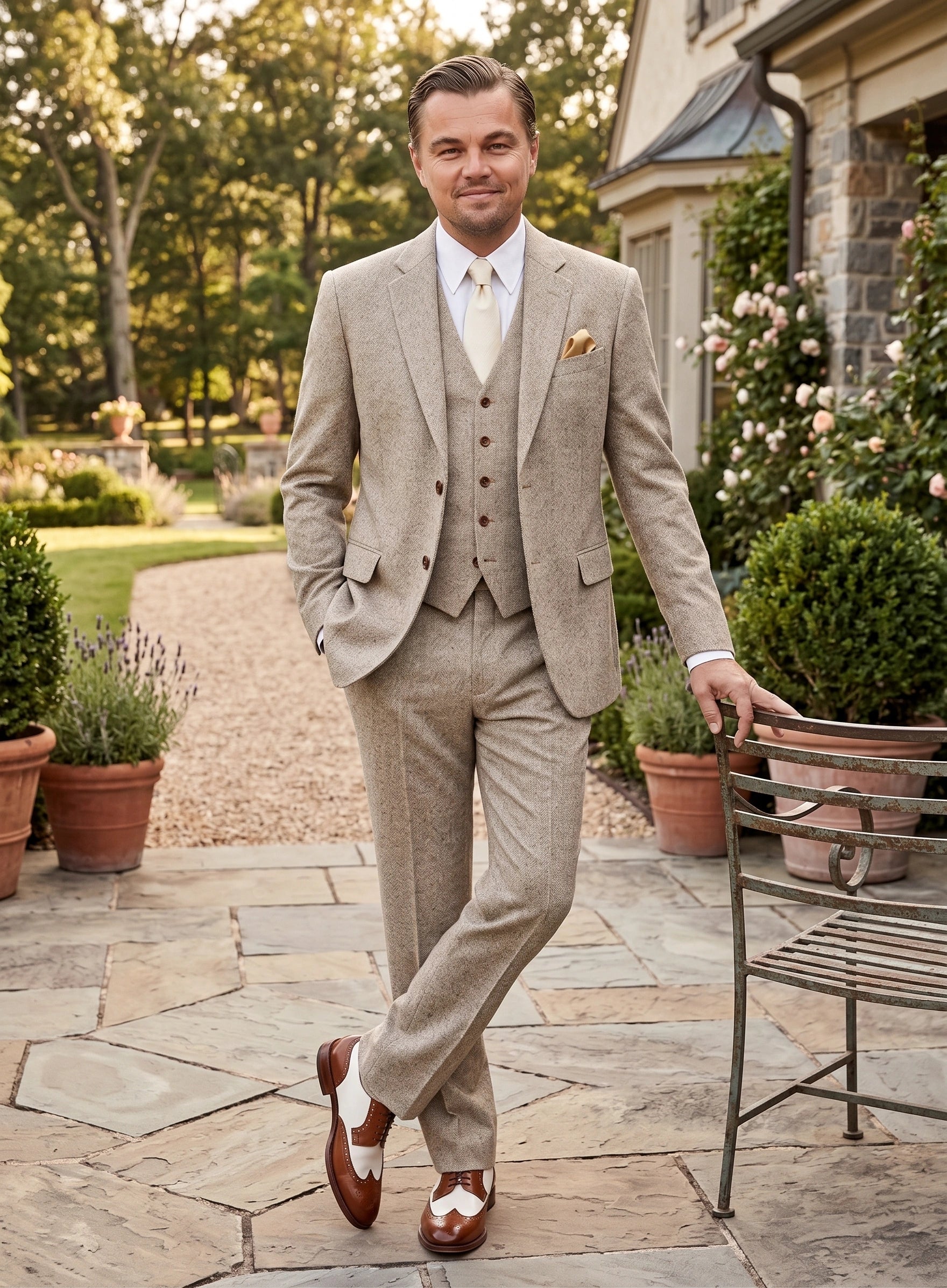 Men’s Light Tan Tweed Great Gatsby 3 Piece Suit – Vintage Vested Wedding Suit, 1920s Classic Formal Outfit Herringbone