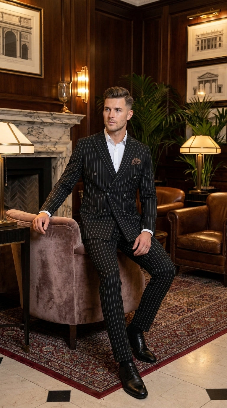 Men's Black Pinstripe Tuxedo Suit – Classic  & 1920s Gangster Formal Wear Vintage 1940s 1930s Look