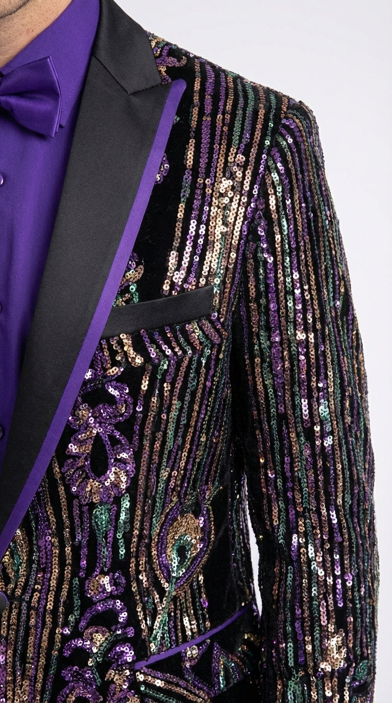 Mens Mardi Gra Black and Purple and Gold Sequin Tuxedo Jacket Set – Designer with Floral Pattern Jacket Formal Wedding Party Wear Bowtie
