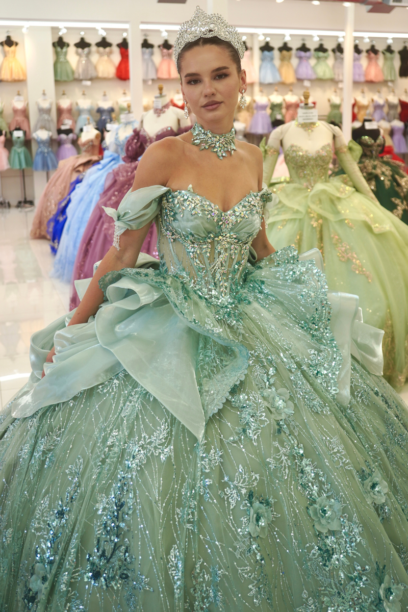Off-Shoulder Sweetheart Beaded Corset Glitter Ball Gown Quinceañera Dress by Layla K LK313