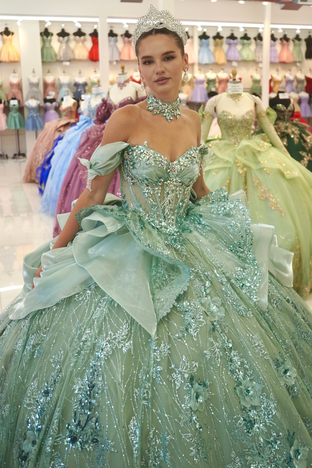 Off-Shoulder Sweetheart Beaded Corset Glitter Ball Gown Quinceañera Dress by Layla K LK313