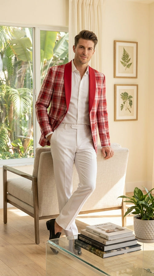 Mens Tartan Red and White Plaid Blazer – Check Pattern Sport Coat Red Shawl Lapel Party Christmas Holiday New Year
