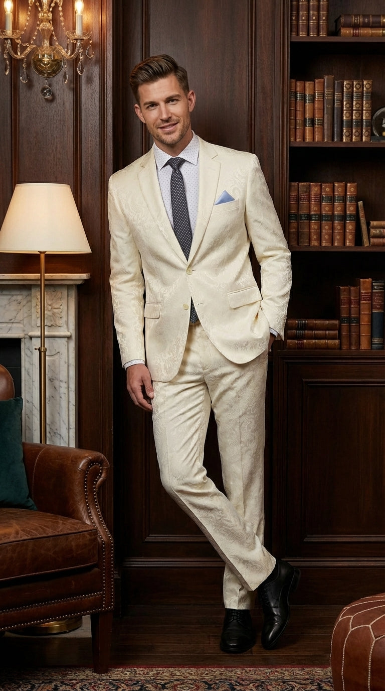 Men’s Ivory Paisley Shiny Suit – Flroal Formal Wedding and Prom Suit for Party, in Cream Off White