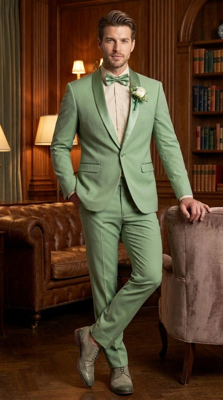 Mens Sage Green Wedding Tuxedo, Shawl Lapel Formal Groom Prom Tuxedo Suit