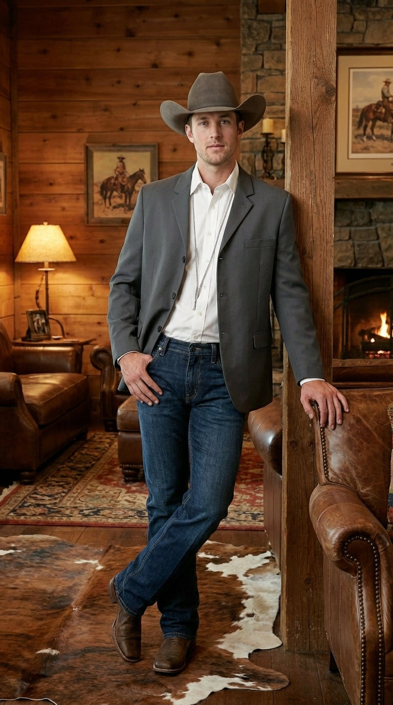 Mens Charcoal Grey Three Buttons Western Blazer – Classic Fit Cowboy Style Three Button Formal Dress Jacket