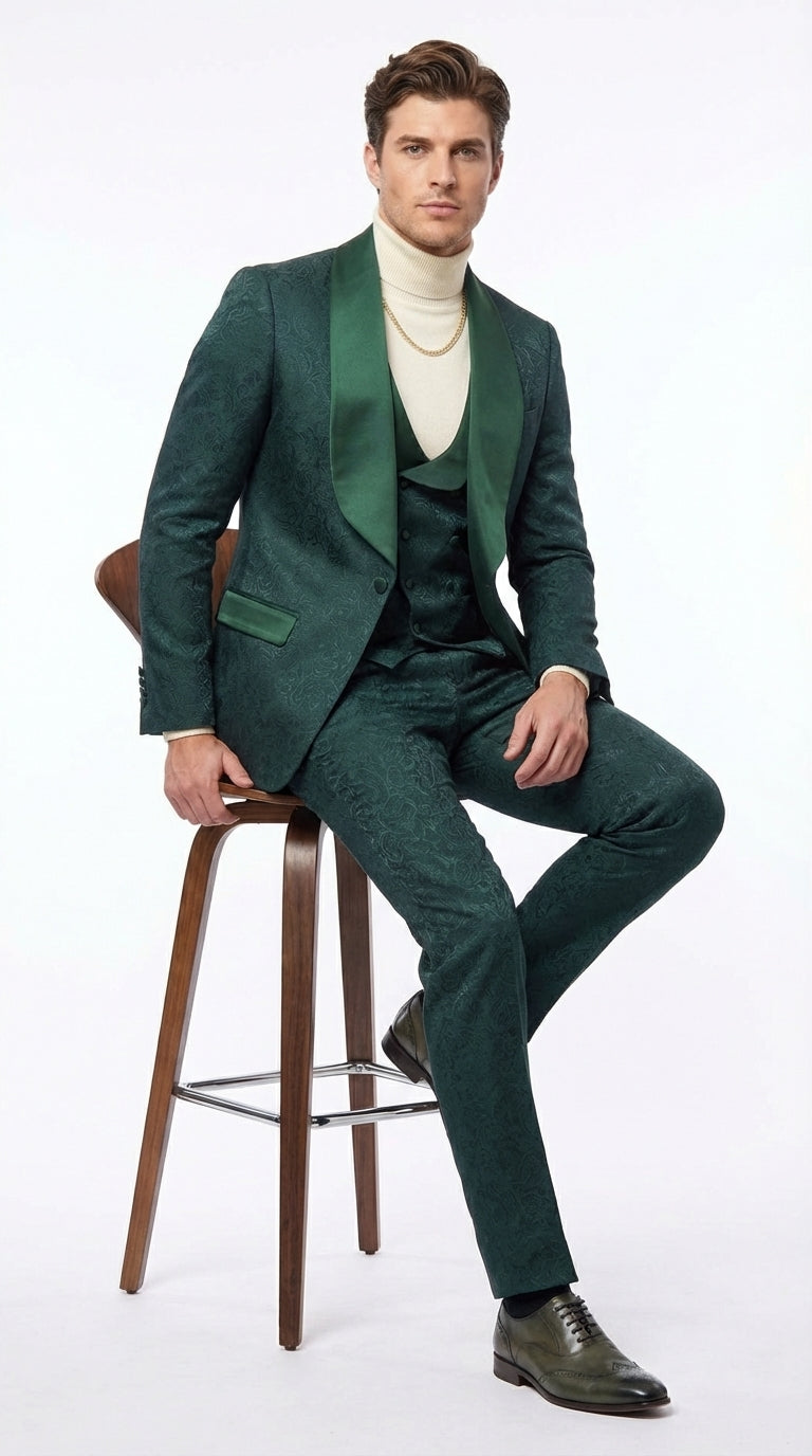 Mens Hunter Green Wedding Tuxedo Suit – Paisley Pattern Three Piece Formal Suit Set with Shawl Lapel for Groom, Prom in Emerald green