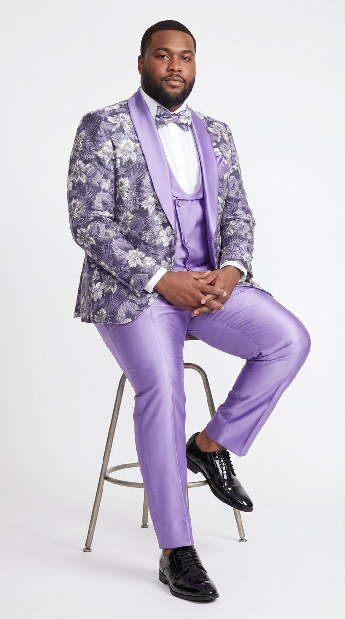 Men’s Lilac Lavender Prom Suit – Floral Shawl Lapel 3 Piece Tuxedo with Matching Vest and Pants