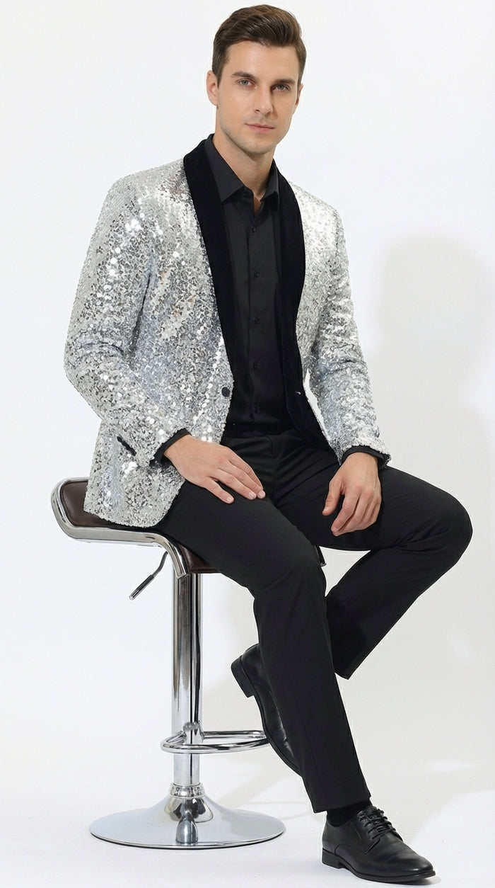 Men’s Silver Sequin Blazer Disco Style Jacket – Black Lapel Party Blazer, Shiny Evening Wear, 70s Dance Outfit, Formal Event Jacket