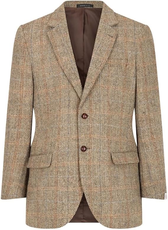 Walker and Hawkes Blakemore men's blazer crafted from Harris Tweed. Features a herringbone pattern, notched lapel, two front pockets, and two-button closure. Lined in contrasting brown fabric.
